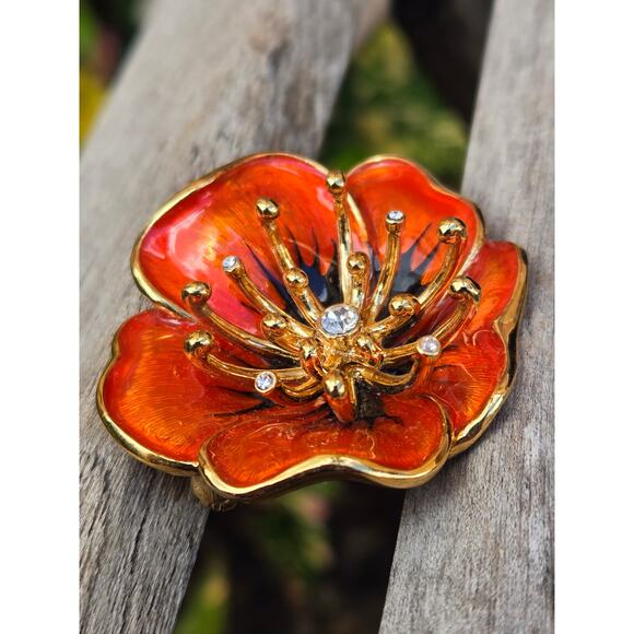 Vintage Monet Orange Enamel & Rhinestone Flower Brooch Pin, Gold Tone - Picture 5 of 10